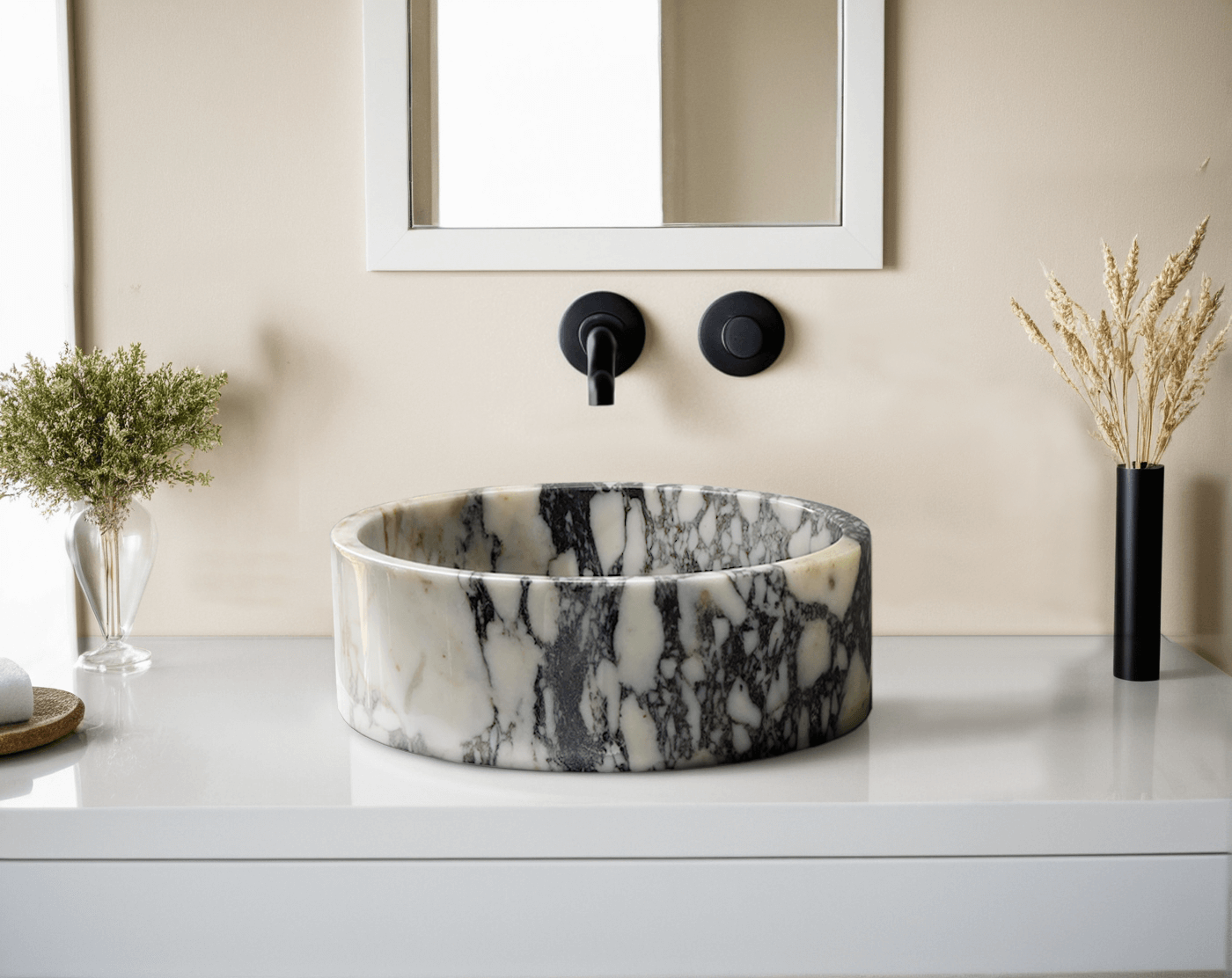 Viola Marble Vessel Sink with polished finish, showcasing unique veining and minimalist design in modern bathroom setting.