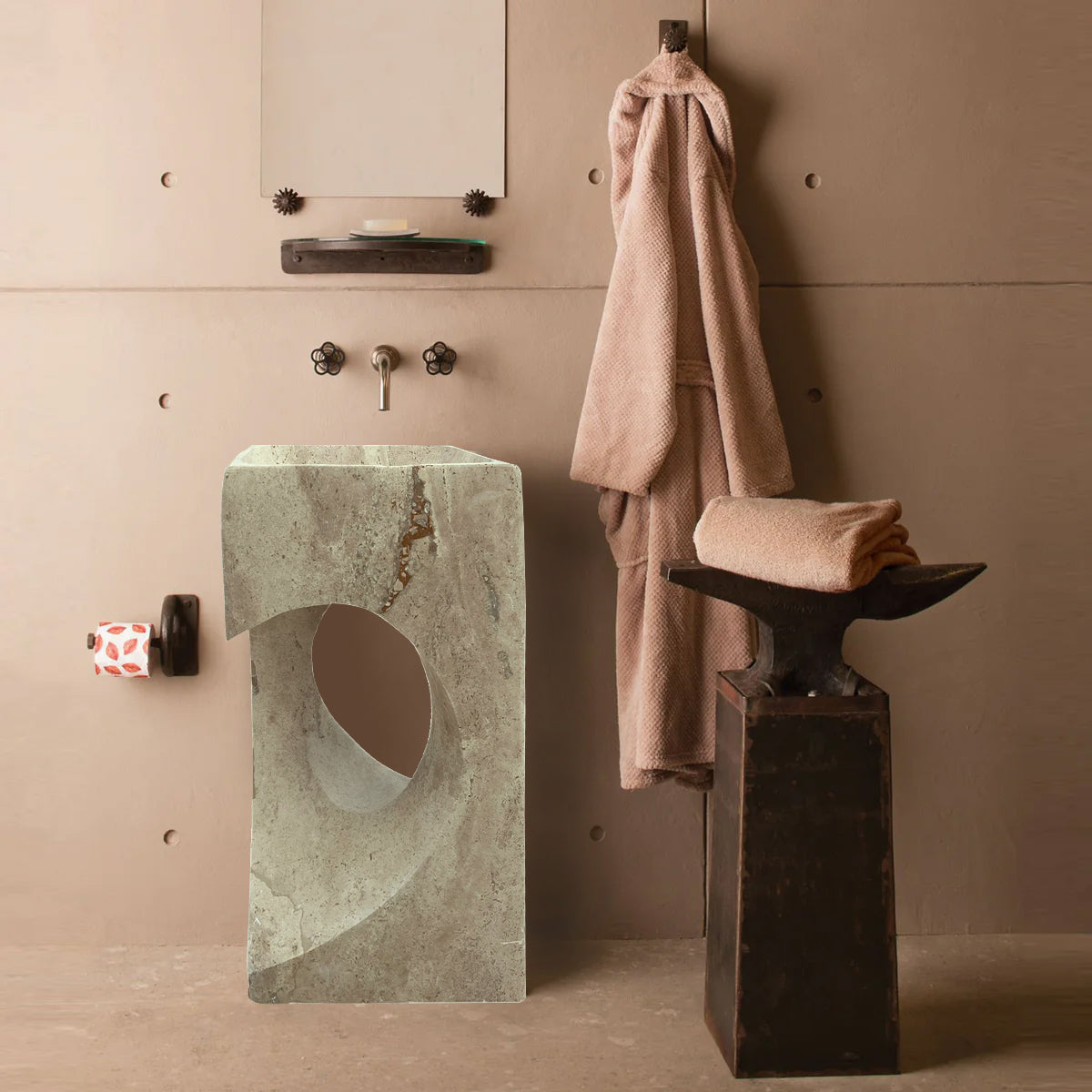 Elegant walnut and travertine combination showcasing natural textures for sophisticated interior design.